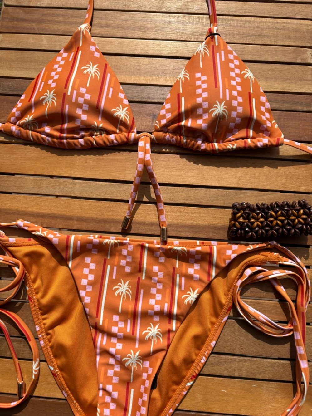 MEDIUM NWT Escape to Paradise Palm Pink Red Gold Orange Sunset Triangle Bikini